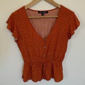 One Clothing  | Crop Flutter Sleeves Gathered Waist, Orange with polkadots, Sz S